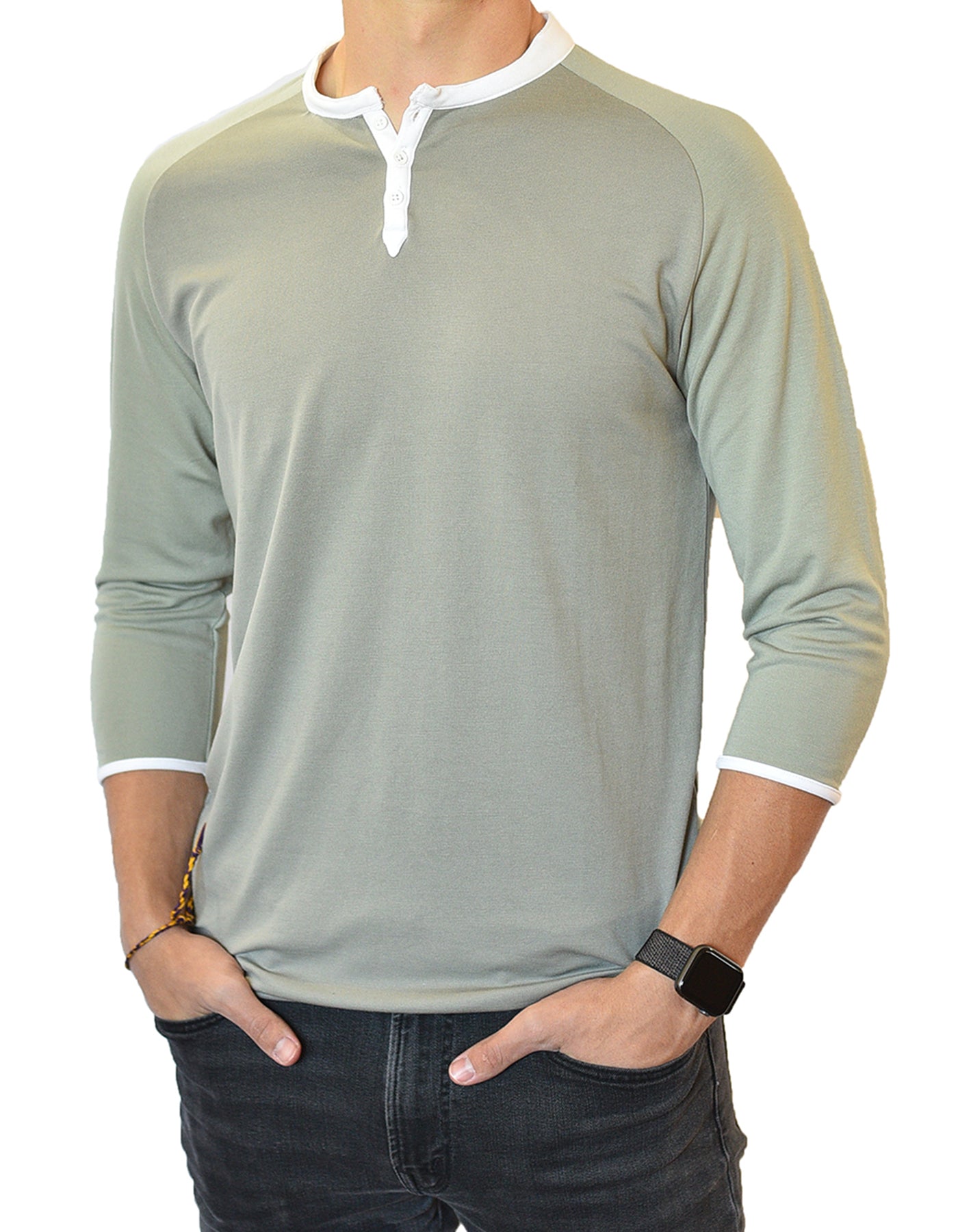 Man Henley 3/4 Mid Sleeve in Earth Tones, Breathable, Durable, Super Soft