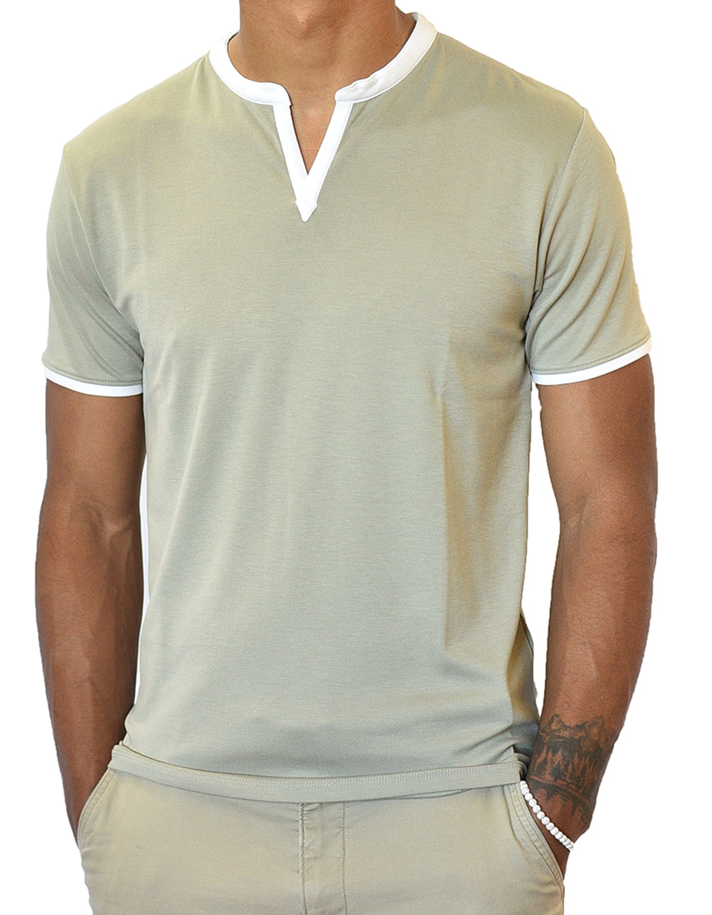 Notch Neckline V-Neck Men's Top in Taupe Earth Tone Super Soft Henley T-Shirt