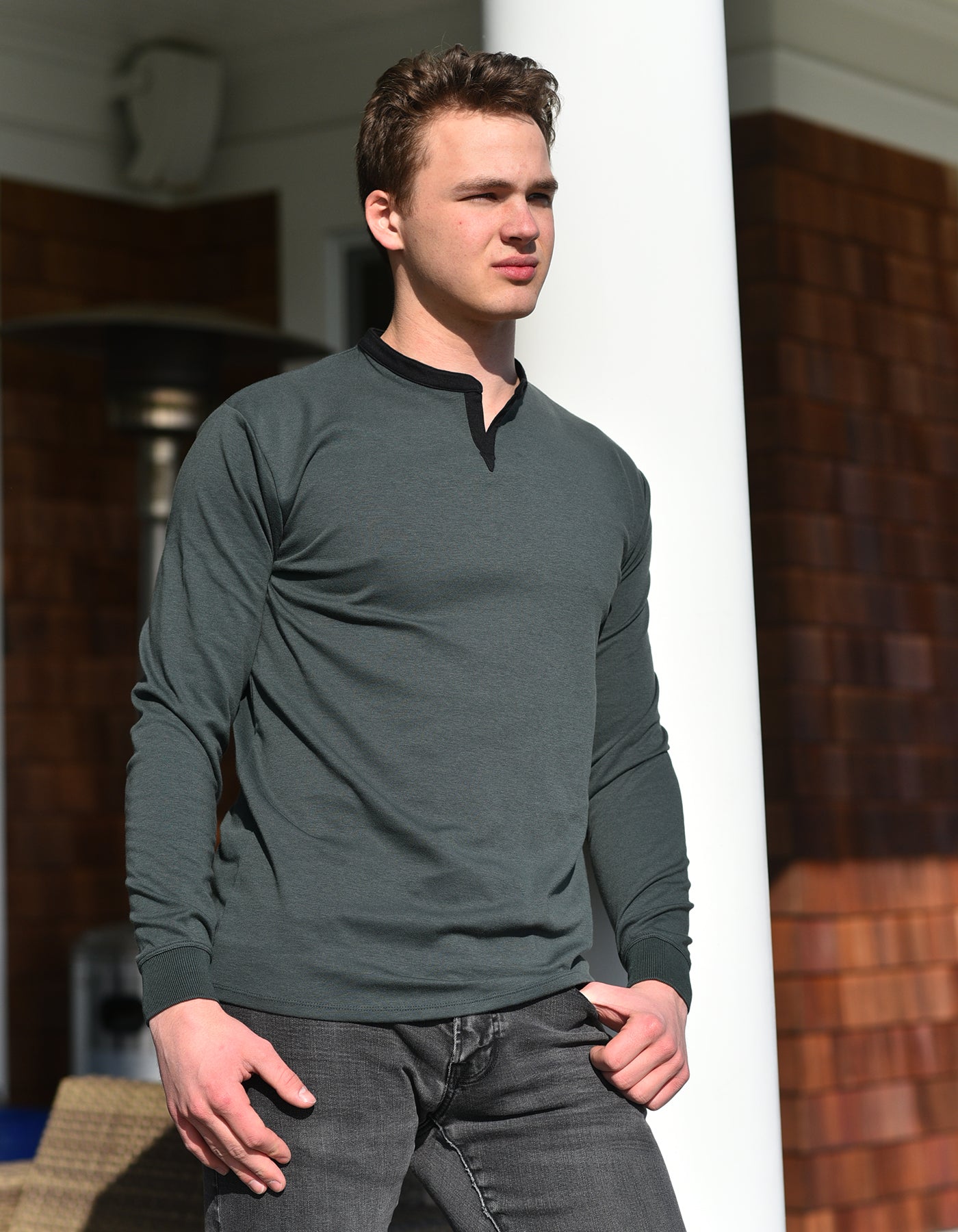 Long Sleeve Henley Slit Collar