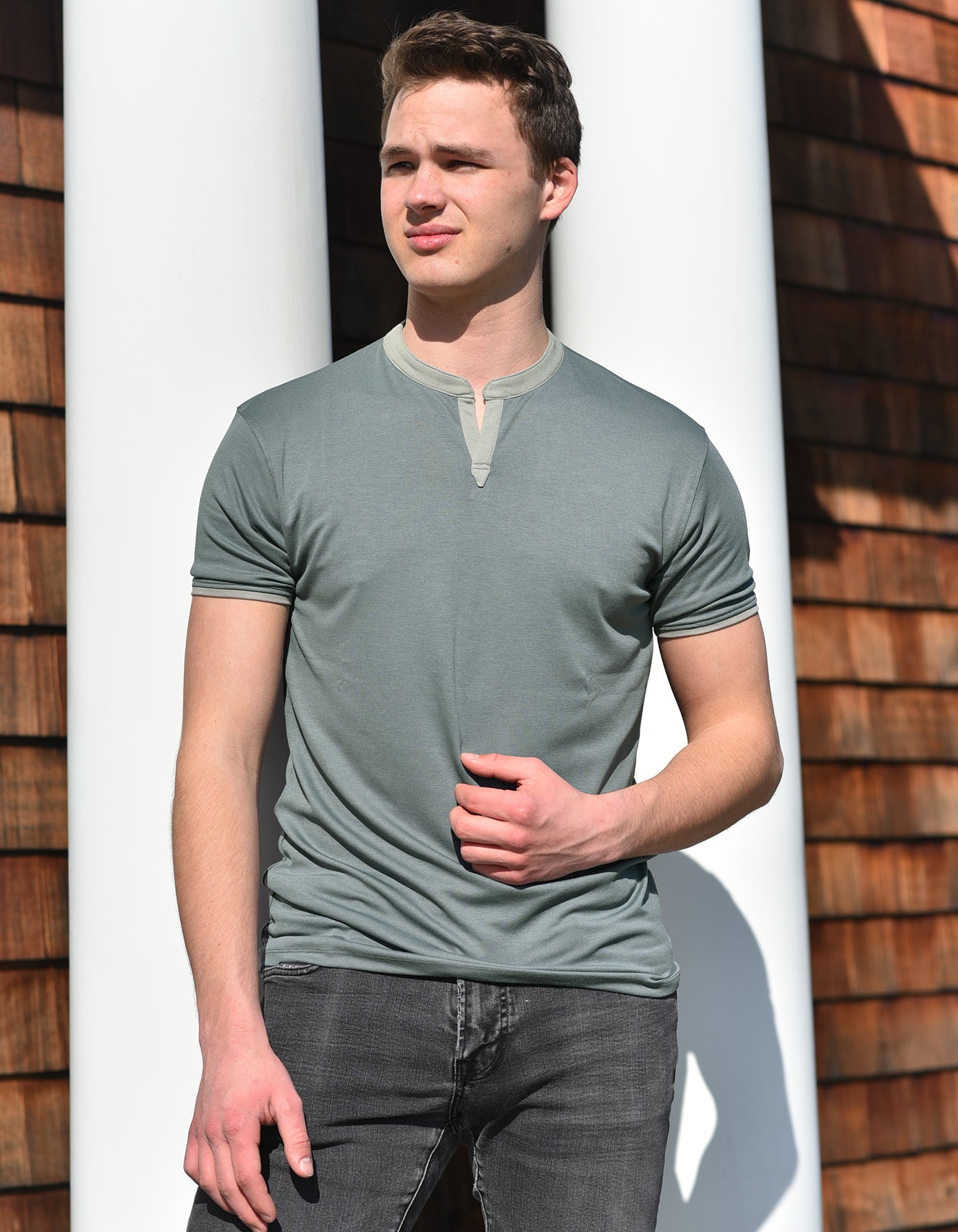 Gray with Taupe V-Neck Notch Neckline Collar Top Super Soft Shirt for Men