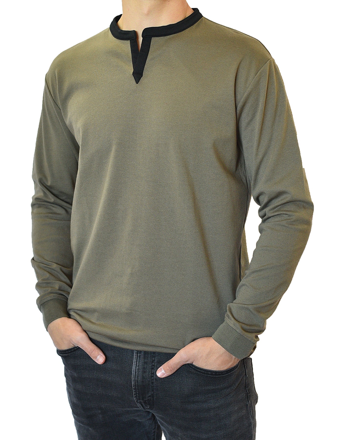 Long Sleeve Henley Slit Collar