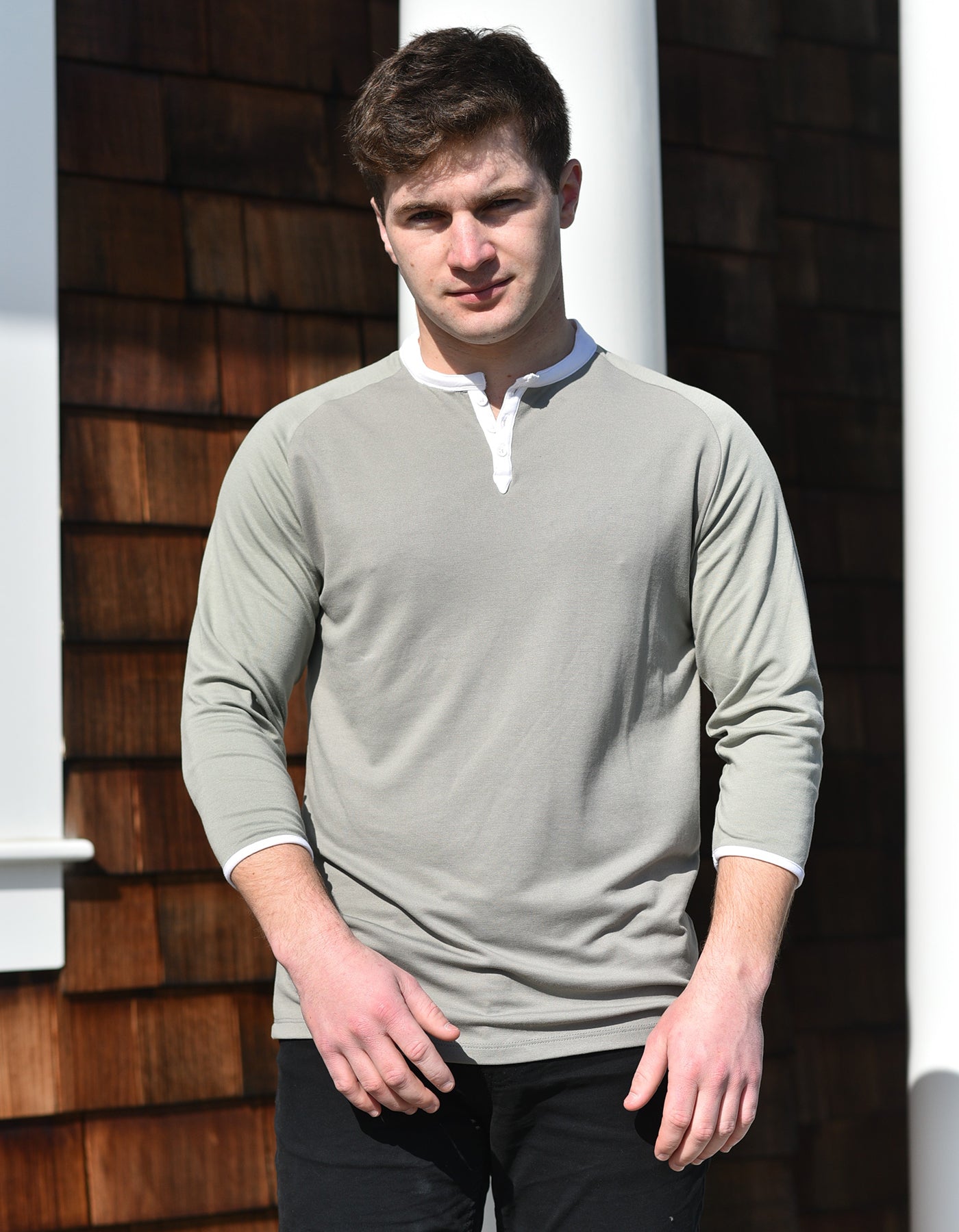 Man Henley 3/4 Mid Sleeve in Earth Tones, Breathable, Durable, Super Soft