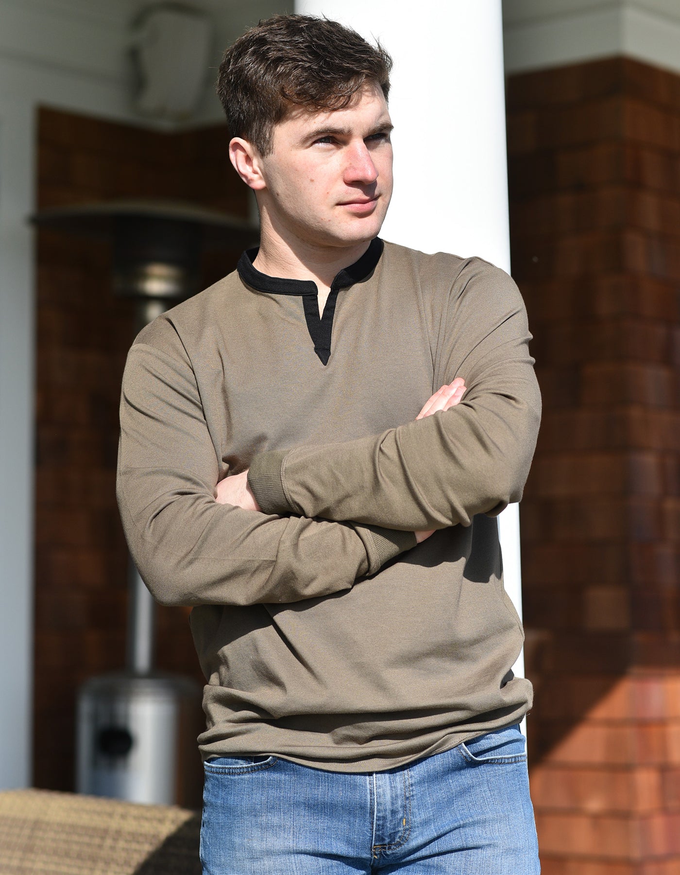 Long Sleeve Henley Slit Collar