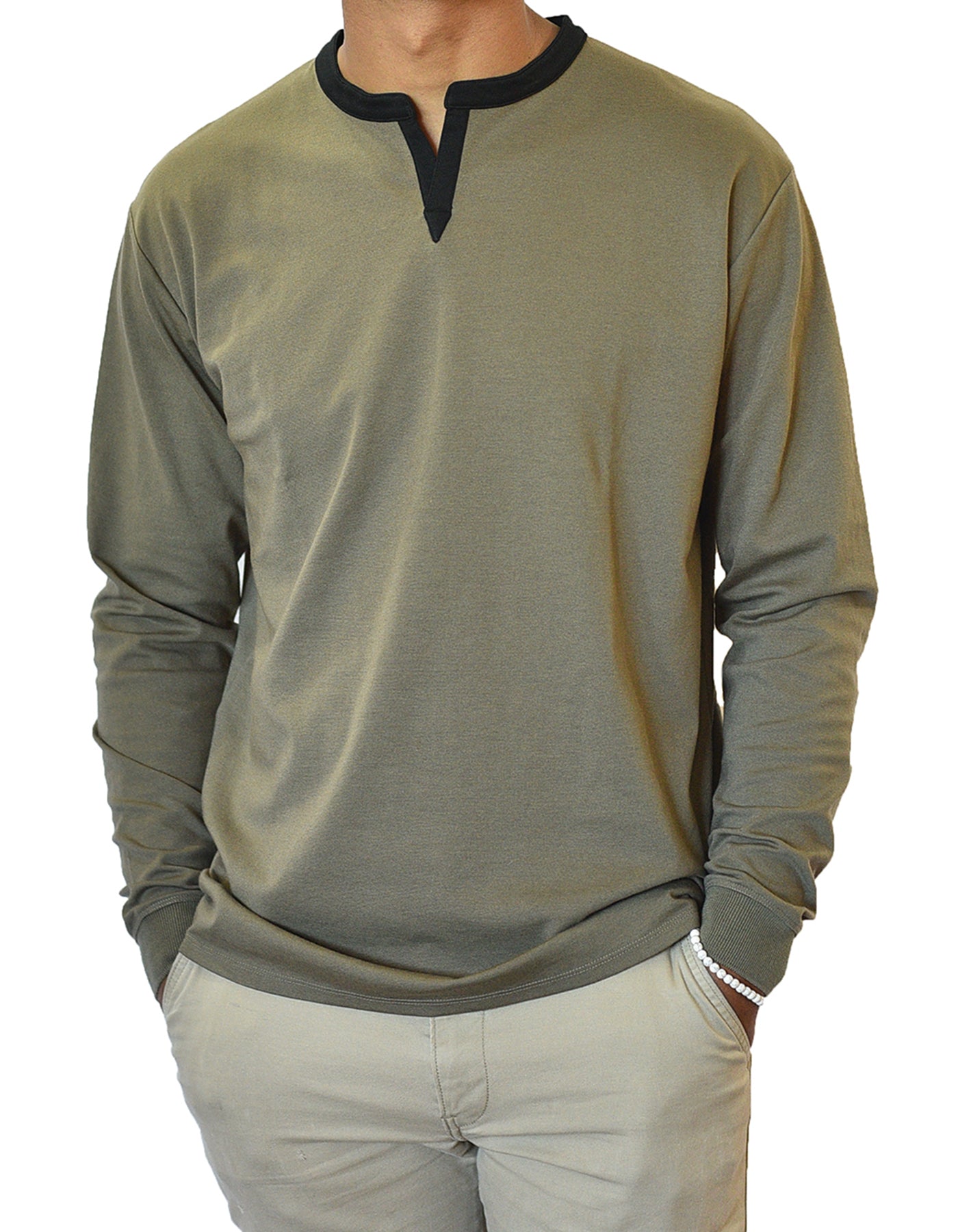 Long Sleeve Henley Slit Collar