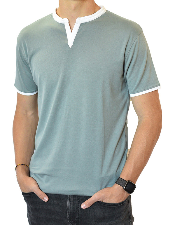 Notch Neckline V-Neck Men's Top in Blue-Gray (Grey) Earth Tone Super Soft Henley T-Shirt