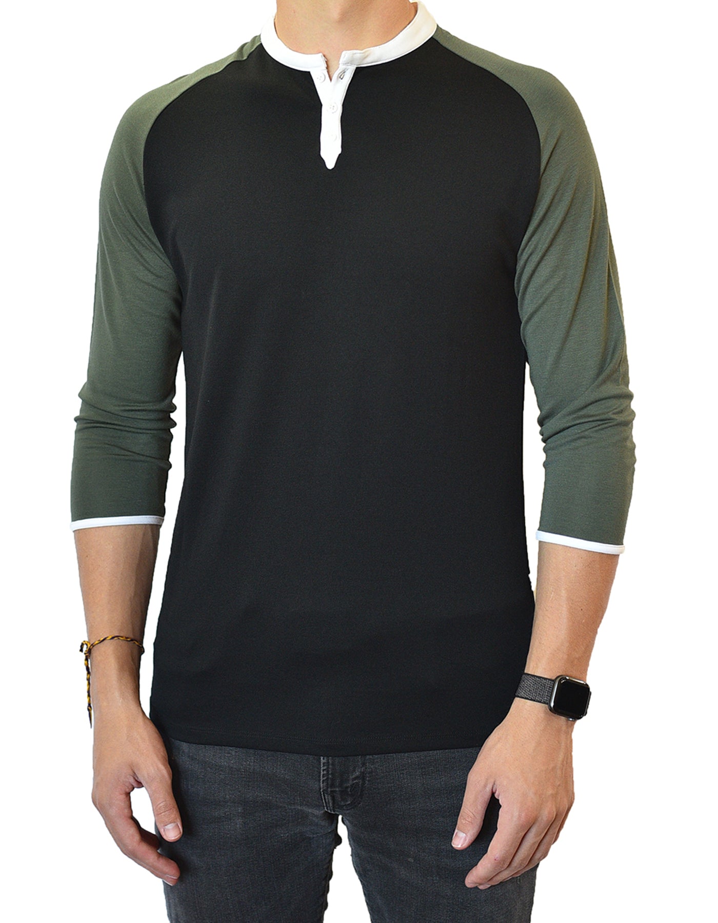 Man Henley 3/4 Mid Sleeve in Earth Tones, Breathable, Durable, Super Soft
