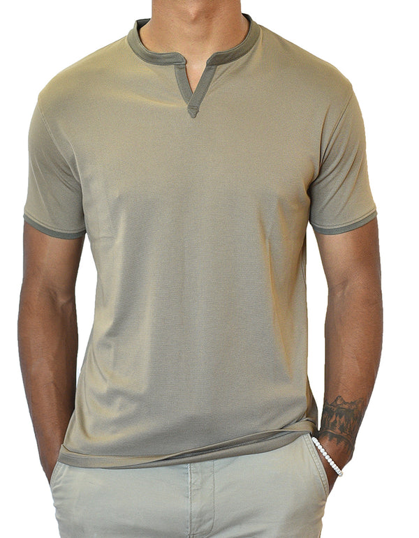 Taupe Beige Casual Notch Neck Collar Earth Tone Shirt 