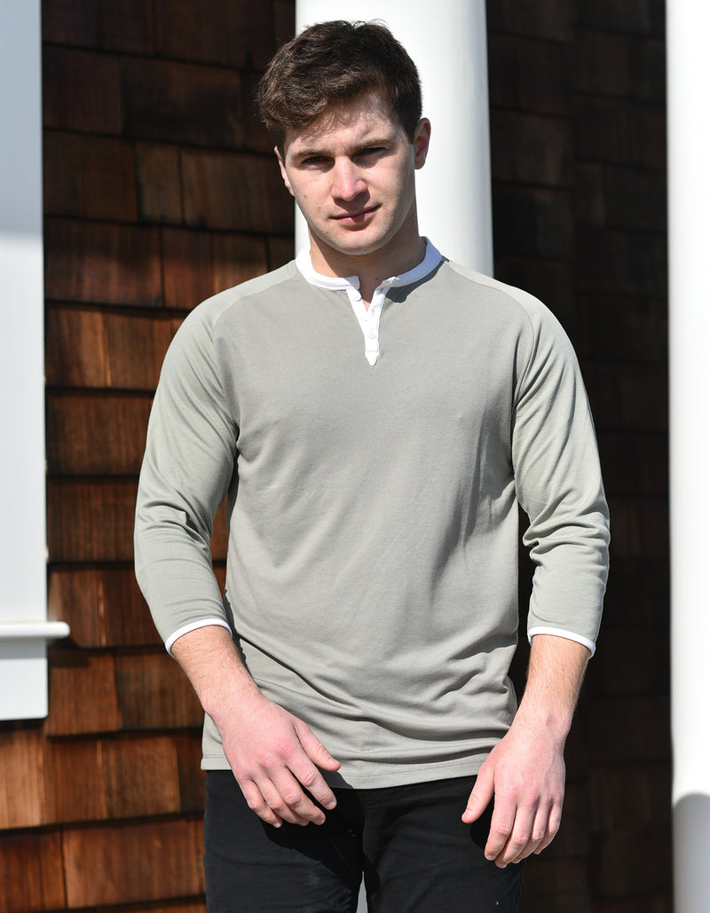 Men's 3/4 Mid Sleeve 3 Button Henley Shirt - Gray Taupe & Sea Moss